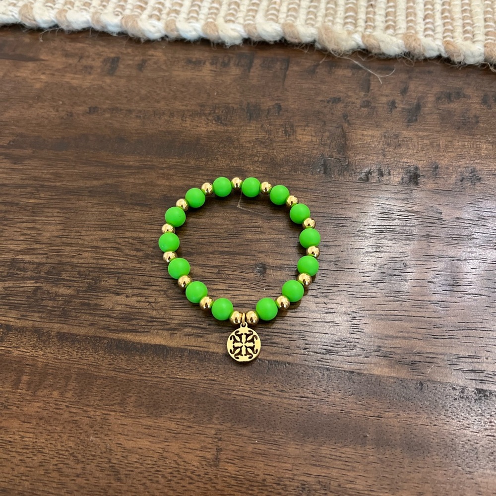 Rustic Cuff Green Beaded Bracelet with Gold Charm